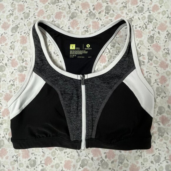 Xersion Sports Bra Small Black Gray White, Zipper, Removable Pads - EUC - Picture 1 of 9